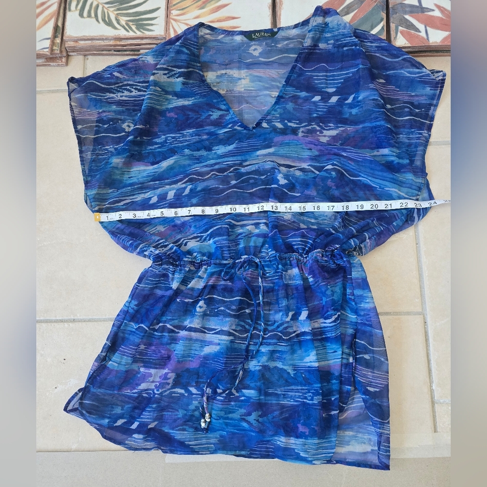 LAUREN RALPH LAUREN Calypso Ikat Blue Print Semi Sheer Swim CoverUp Mini Dress M - Picture 5 of 9
